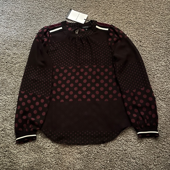 Who What Wear Tops - Black & Purple Polka Dot Long Sleeve Blouse - Sheer - Pullover - Size: XS